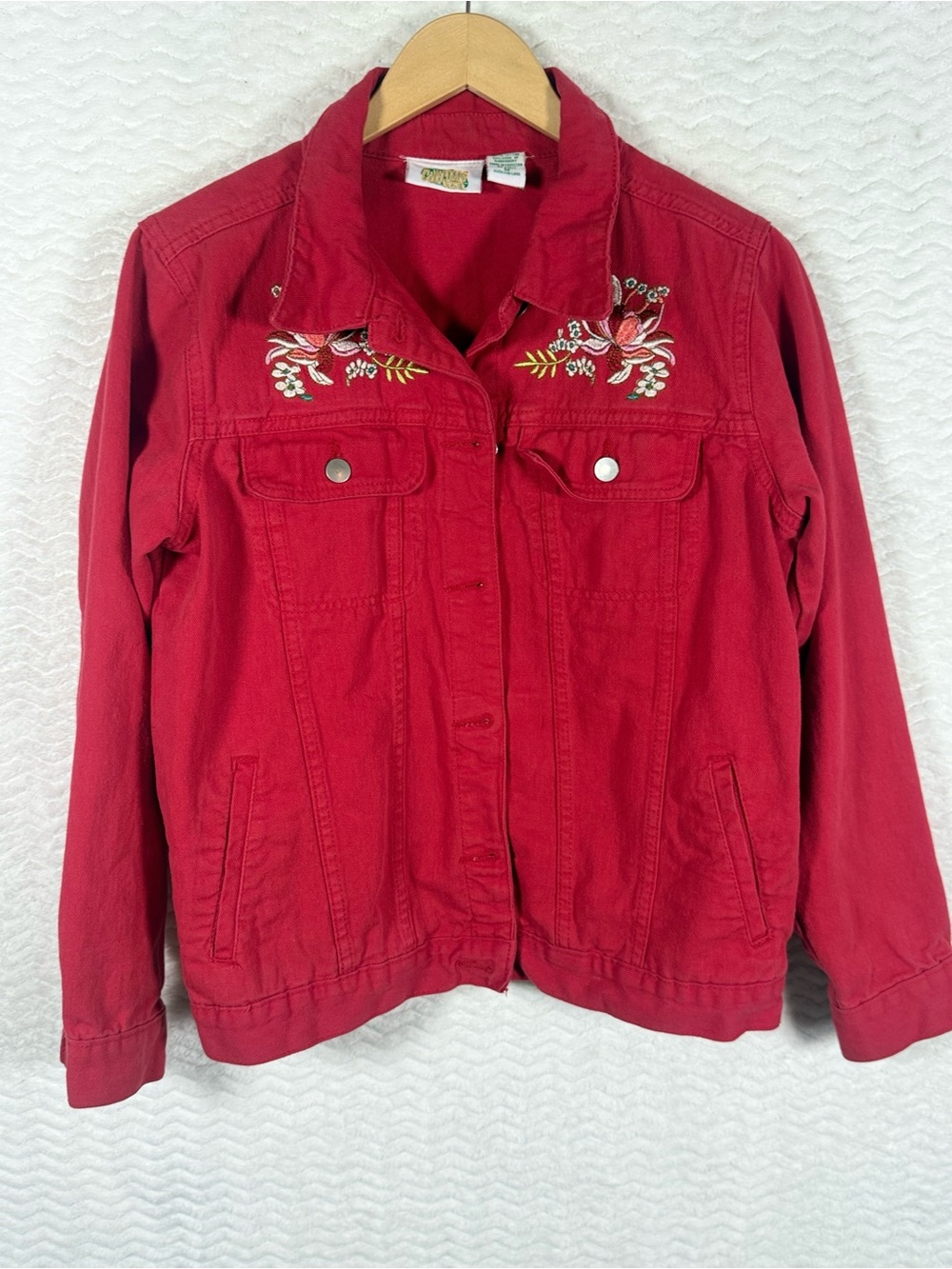Collections Etc. Stunning Women's Red Embroidered Cotton Jean Jacket